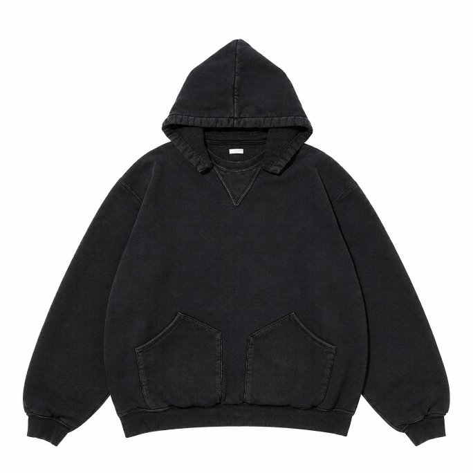 A.PRESSE Attached Hood Sweat Parka Black A.PRESSE Attached Hood Sweat Parka Black premium cotton hooded sweatshirt for men with relaxed streetwear fit and attached hood