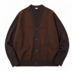 A.PRESSE Cashmere Leather Combination Cardigan Black premium men's cashmere cardigan with leather trim for luxury streetwear styling.