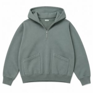 A.PRESSE Half-Zip Hoodie Sage Green premium heavyweight cotton streetwear hoodie for men with relaxed fit and vintage design.