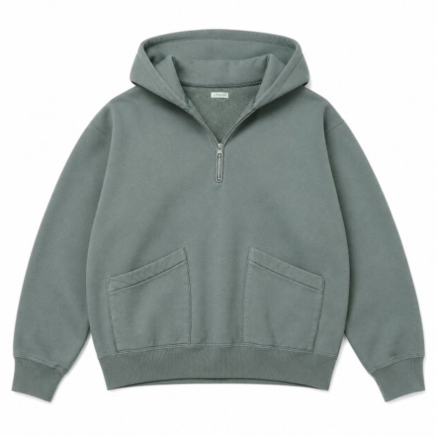 A.PRESSE Half-Zip Hoodie Sage Green A.PRESSE Half-Zip Hoodie Sage Green premium heavyweight cotton streetwear hoodie for men with relaxed fit and vintage design.